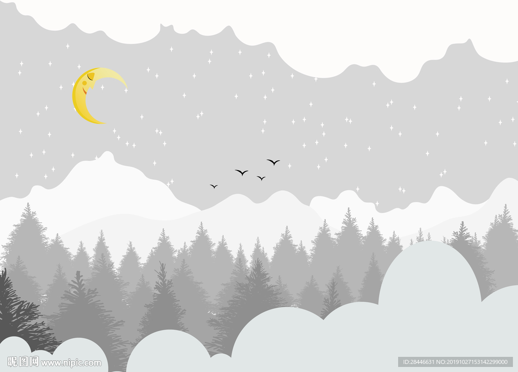 北欧卡通儿童房背景墙