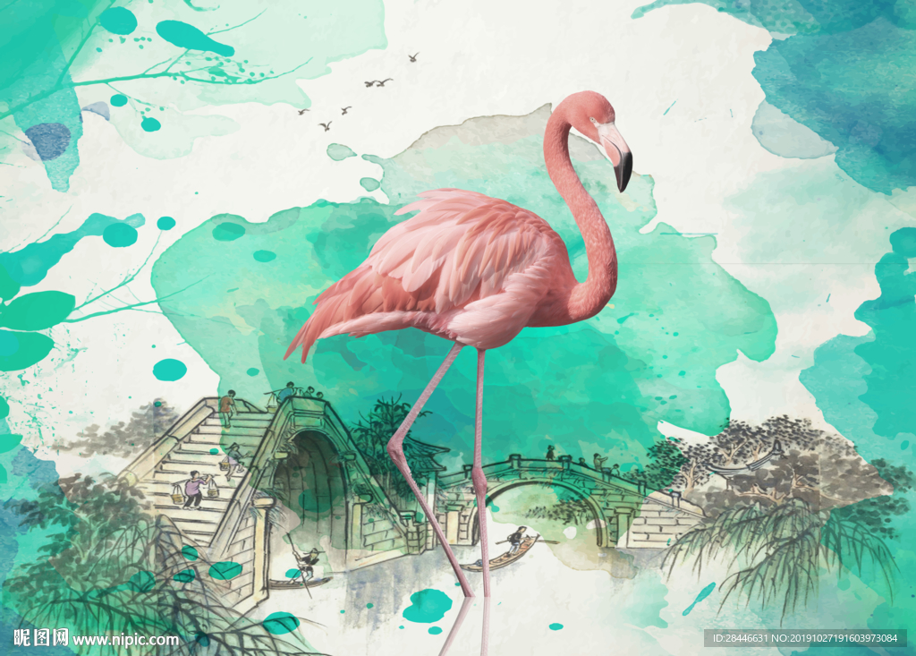 北欧火烈鸟网红背景墙