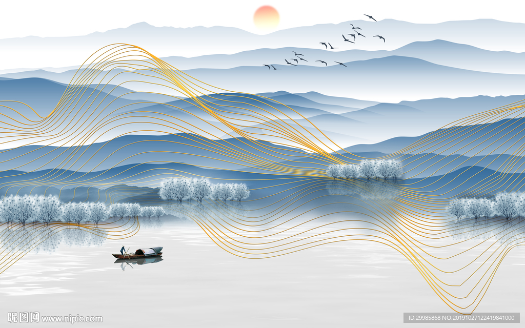 线条意境中式山水 tif分层
