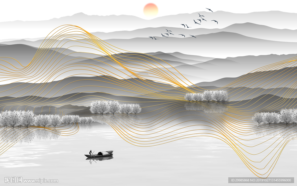 灰色中式意境山水 tif分层