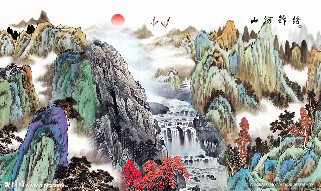 锦绣山河国画电视背景墙