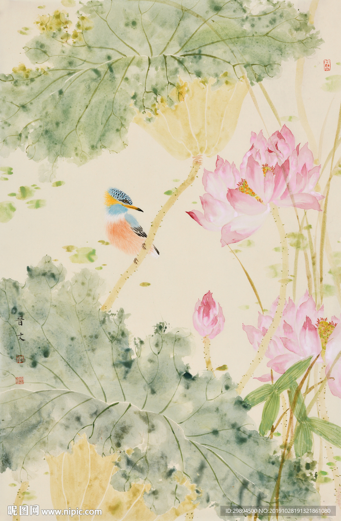 装饰画荷花花鸟水墨工笔