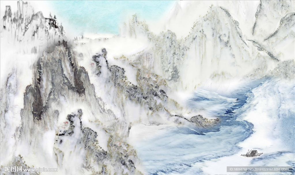 淡雅淡蓝色山水石纹背景墙