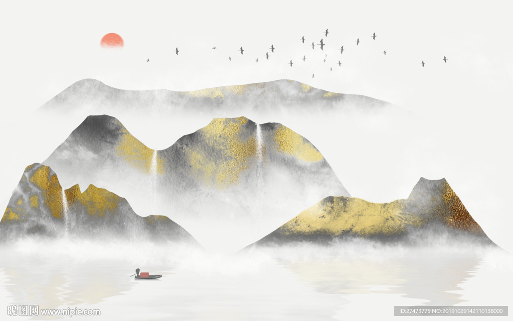 新中式轻奢大理石金色山水背景墙