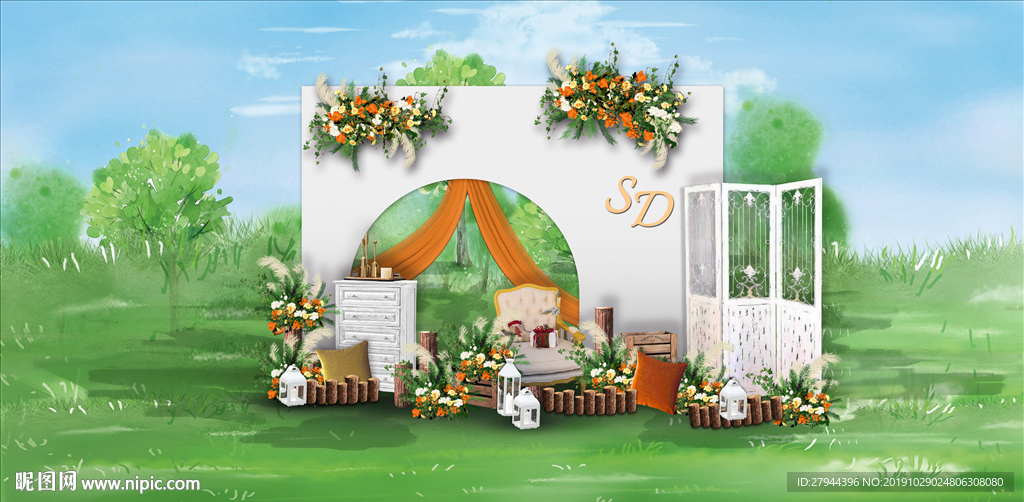 橙色户外婚礼迎宾区