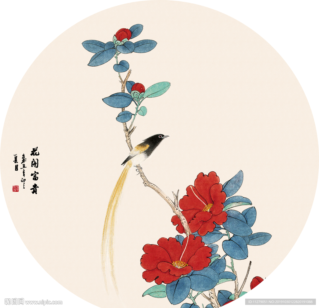 牡丹花鸟装饰画
