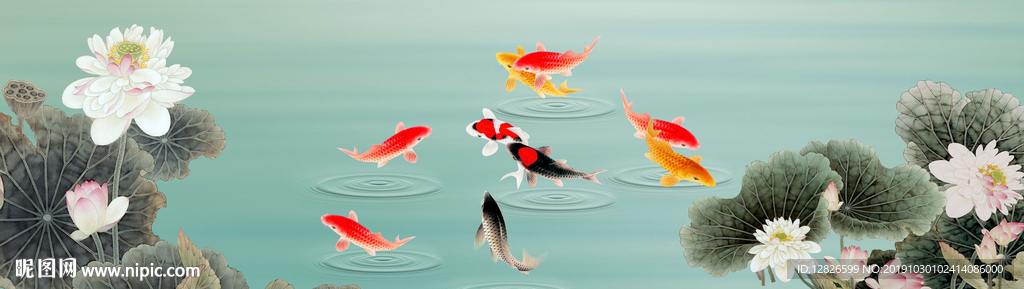 九鱼荷花图