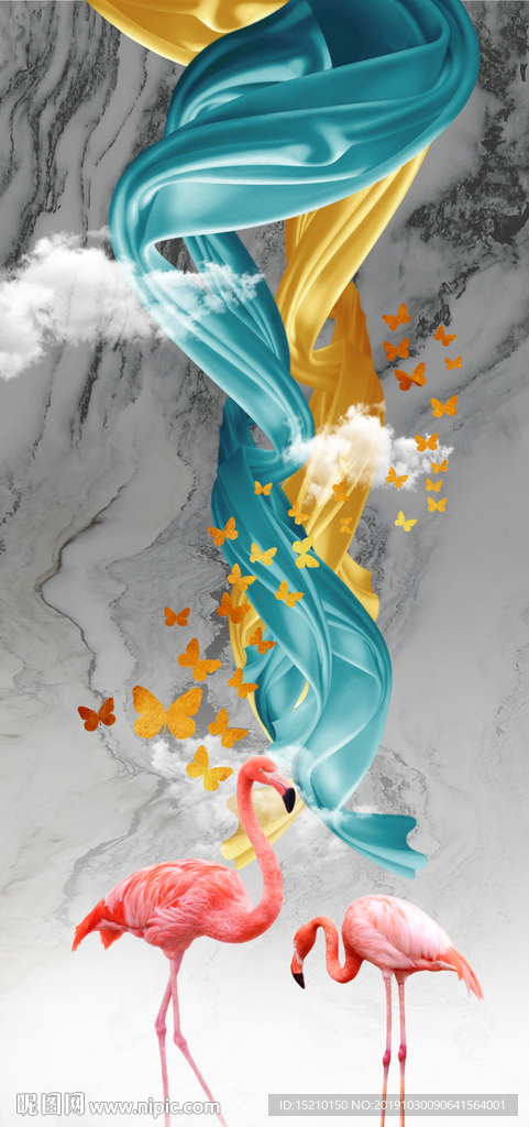 大理石丝绸火烈鸟玄关背景墙