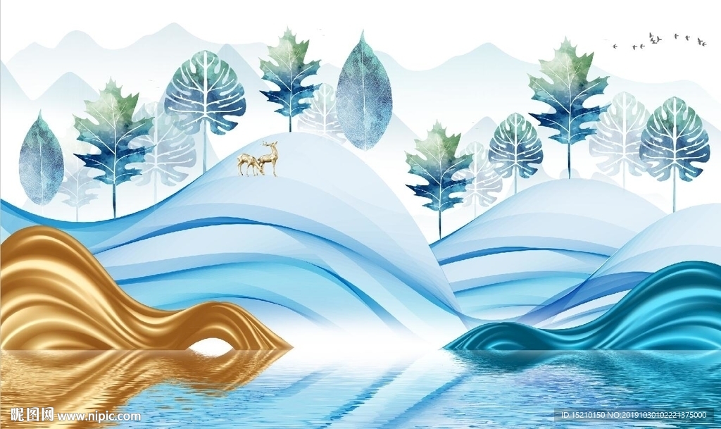 水墨山水树叶电视背景墙