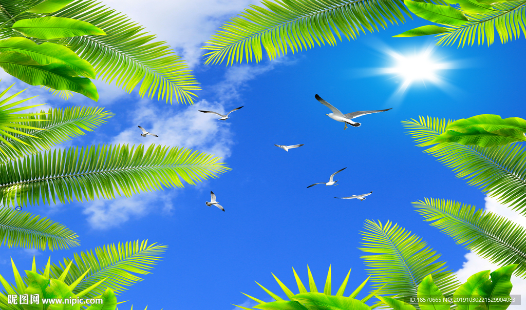 蓝天白鸽花朵吊顶背景