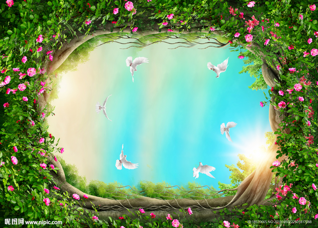 蓝天白鸽花朵吊顶背景