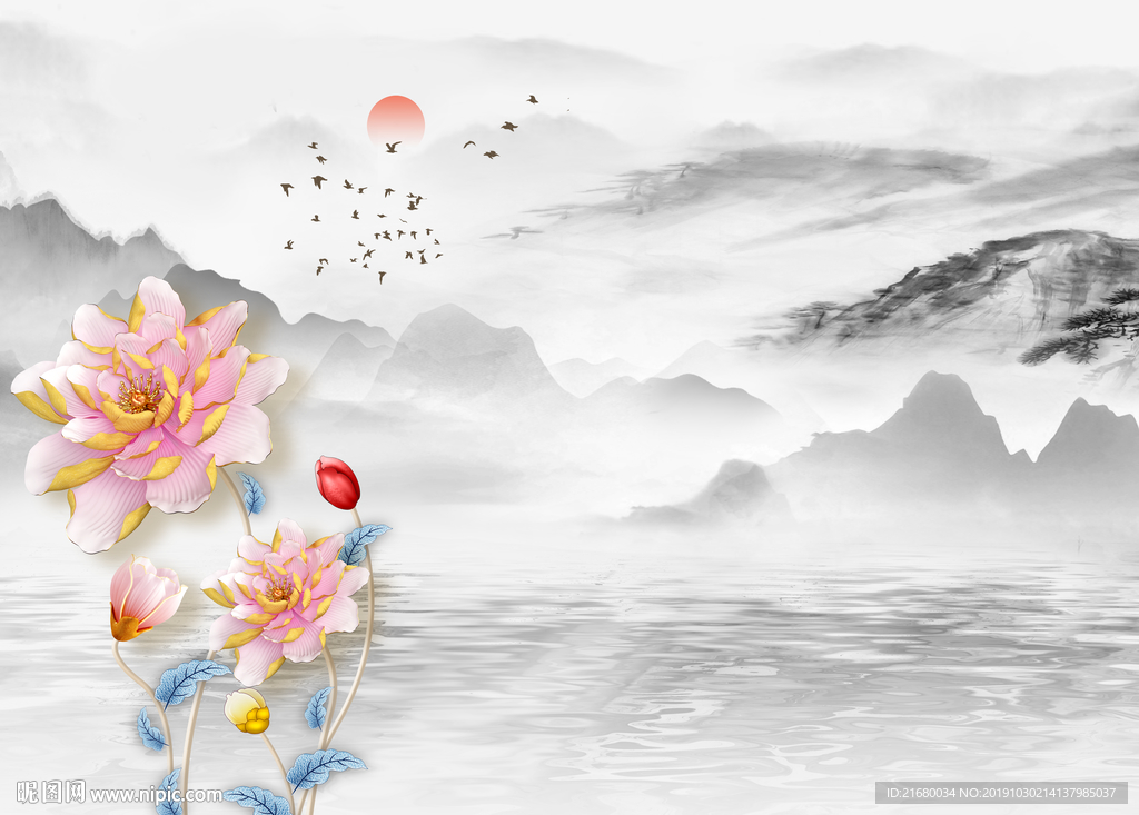 新中式抽象山水珠宝背景墙