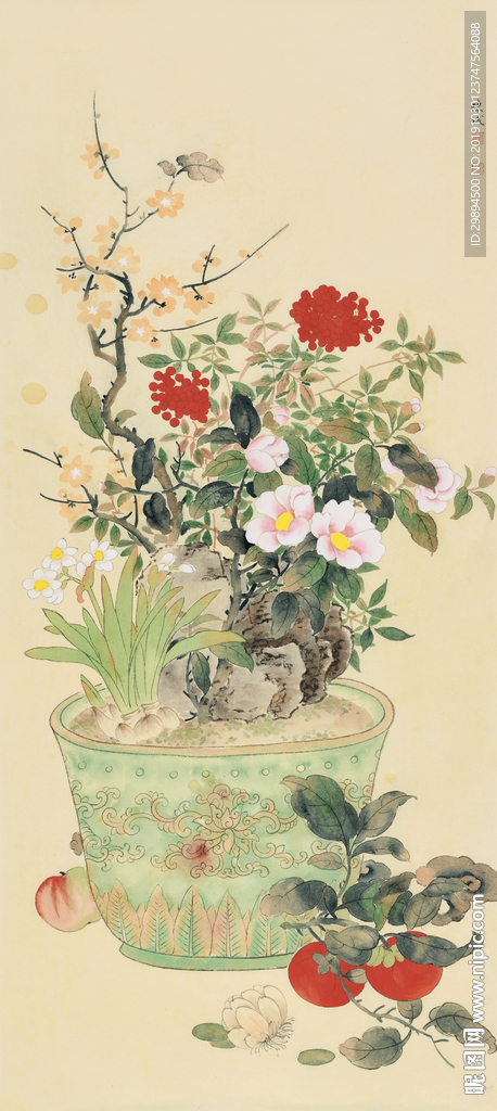装饰画古典工笔水墨彩色盆栽