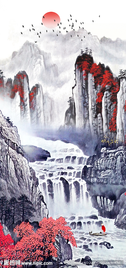 流水生财国画玄关背景