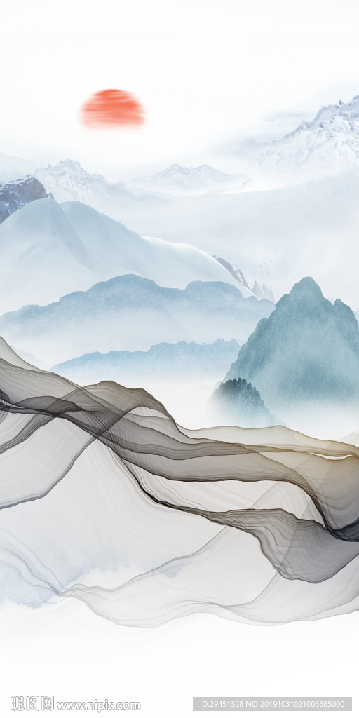 蓝色风景山水国画 TIF分层