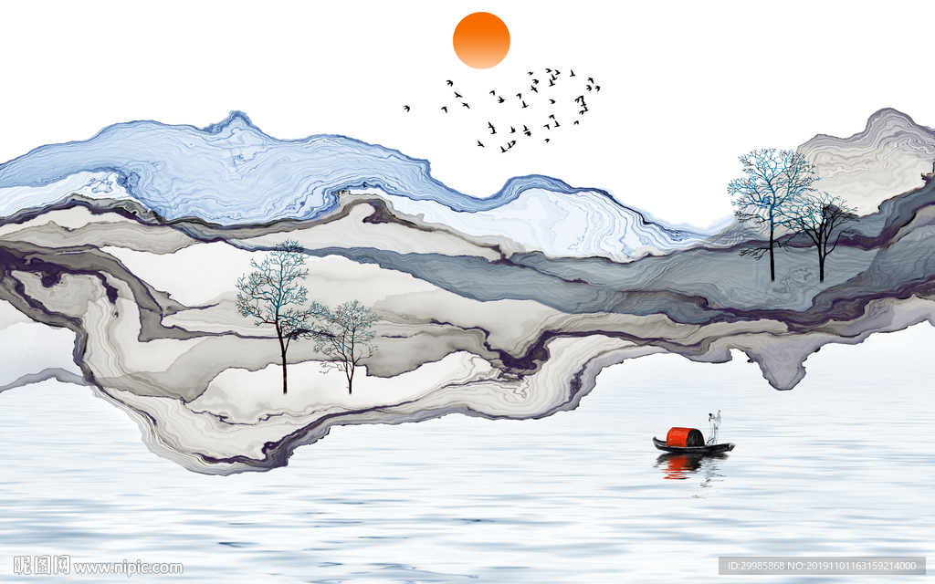 线条意境中式山水 tif分层