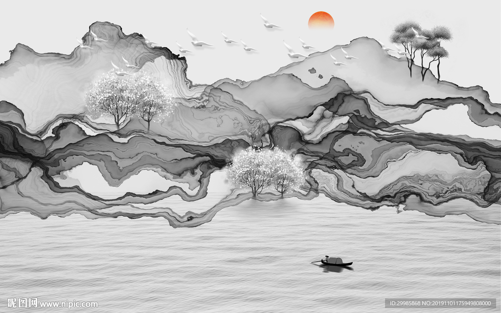 精美简约中式山水 tif分层