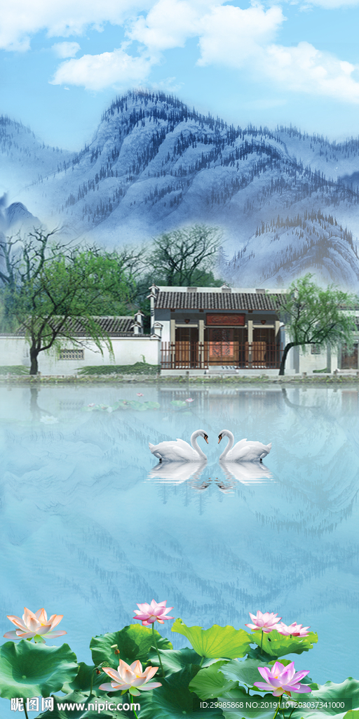 风景玄关国画山水 tif分层