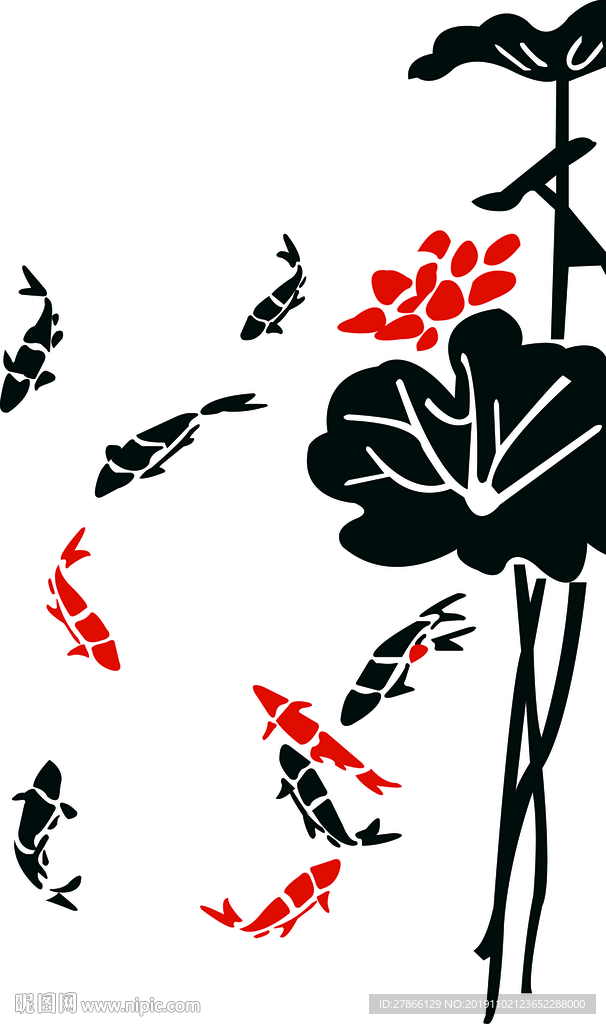 荷花九鱼图硅藻泥矢量刻图