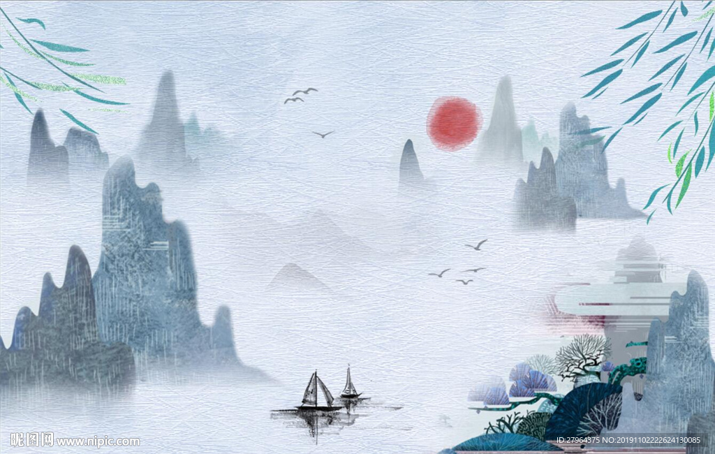 蓝色意境山水背景墙