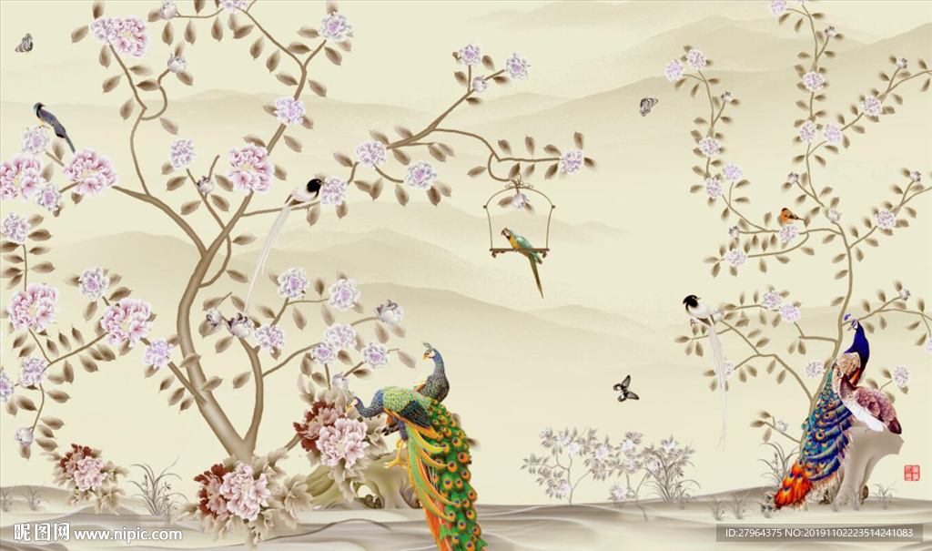 中式孔雀花卉电视背景墙