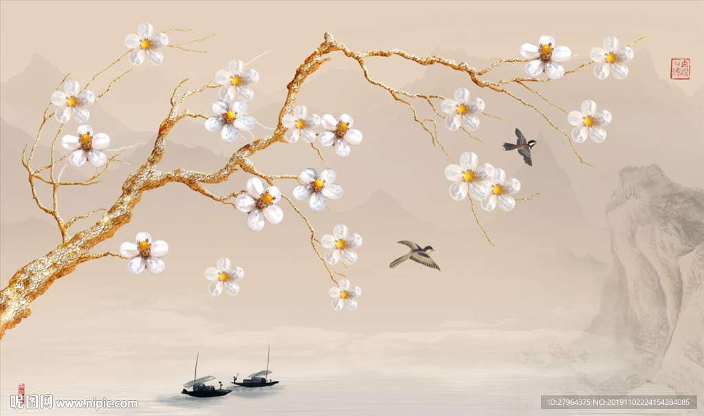 创意中国风梅花山水背景墙