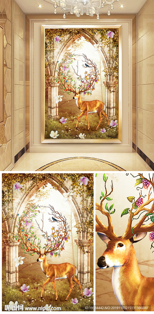 欧式森林鹿神玄关装饰画