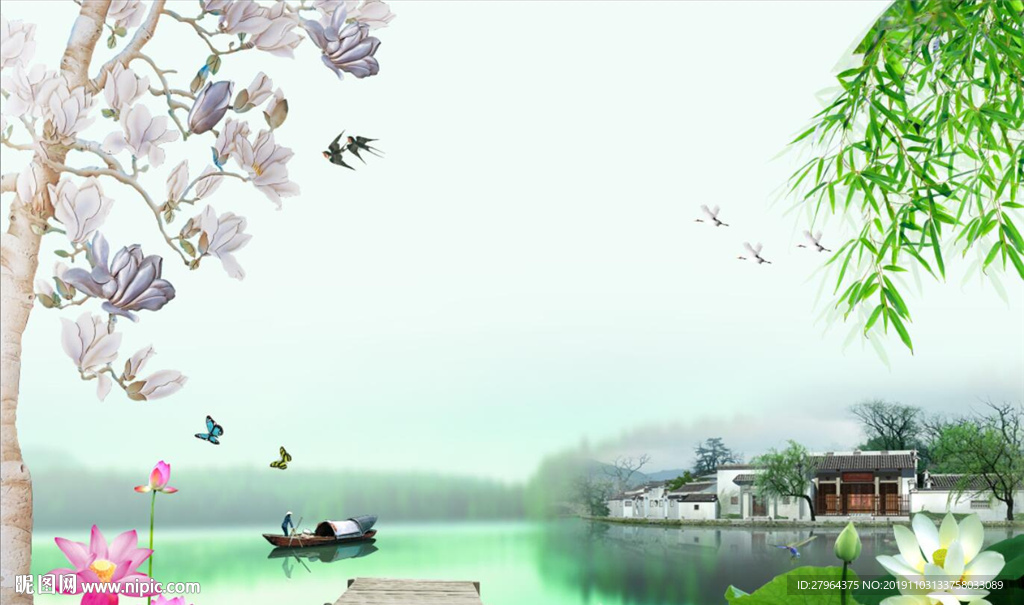 清新绿色山水锦绣风景画背景墙