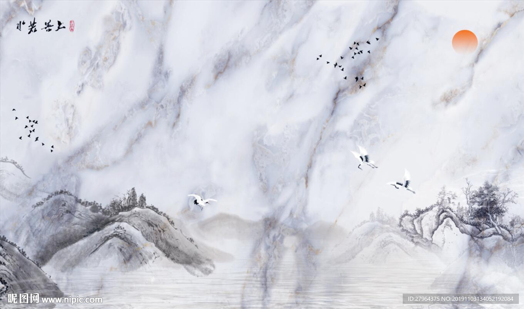 新中式水墨山水仙鹤大理石背景墙