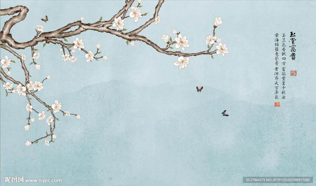 新中式玉兰手绘工笔背景墙