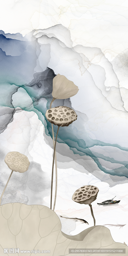 简约荷花中式玄关 TIF分层