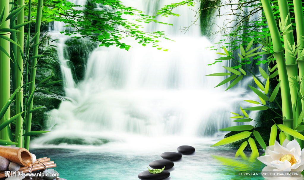 竹子瀑布风景画客厅3D电视背景