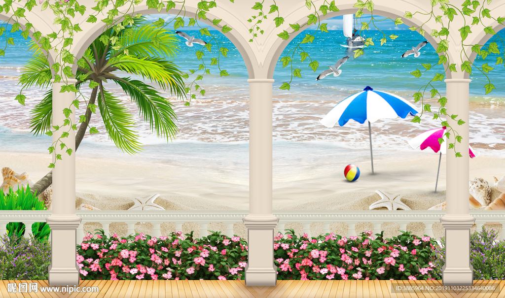 海边风景海水沙滩椰树背景墙图片