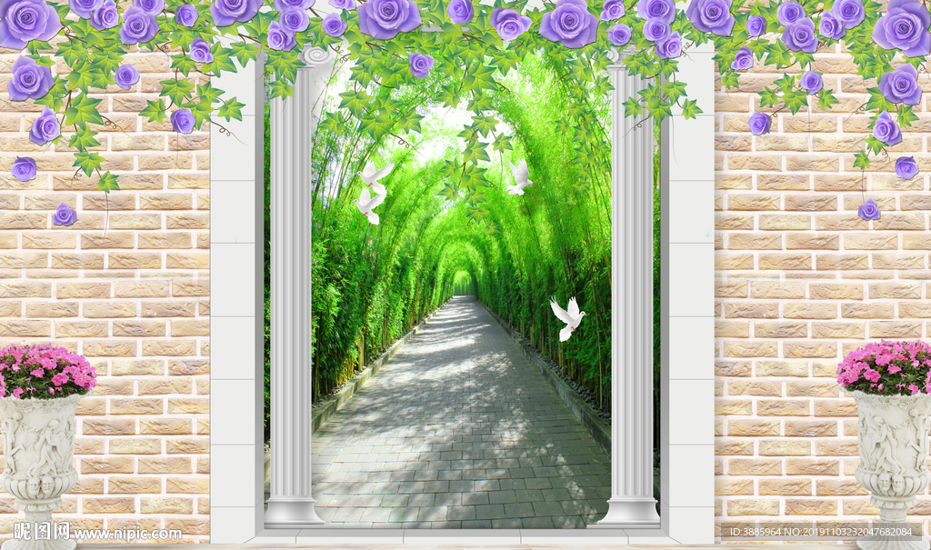 蝶恋紫色玫瑰花桥梁立体背景墙图