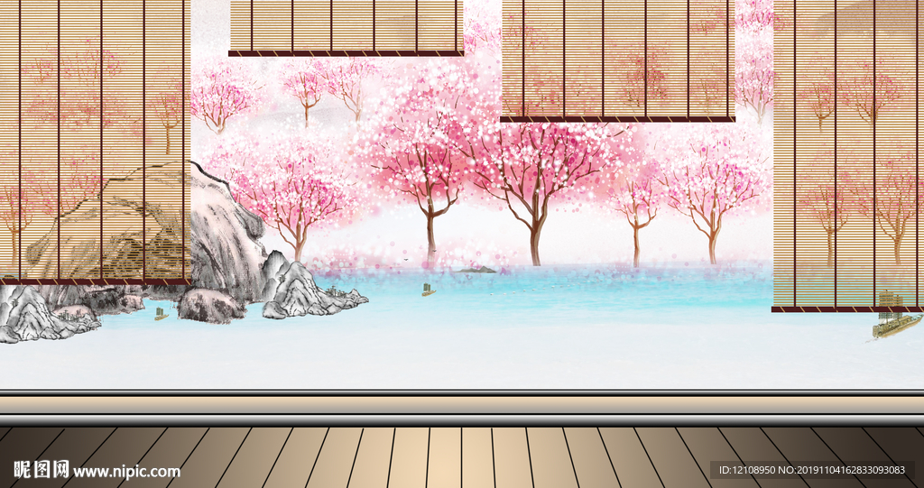 桃花林中的竹屋竹帘