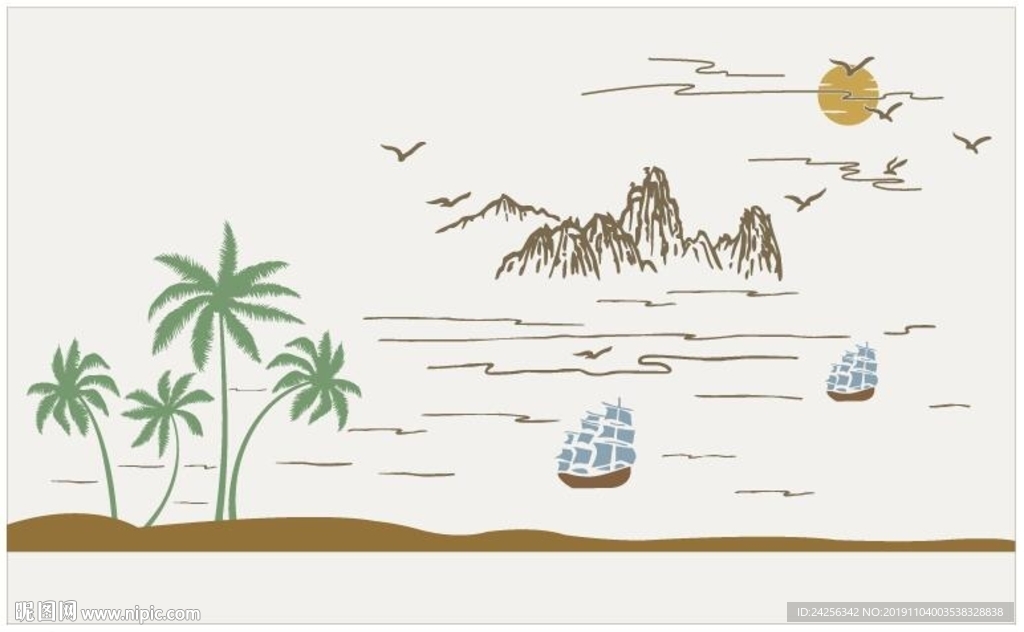 椰子树 帆船