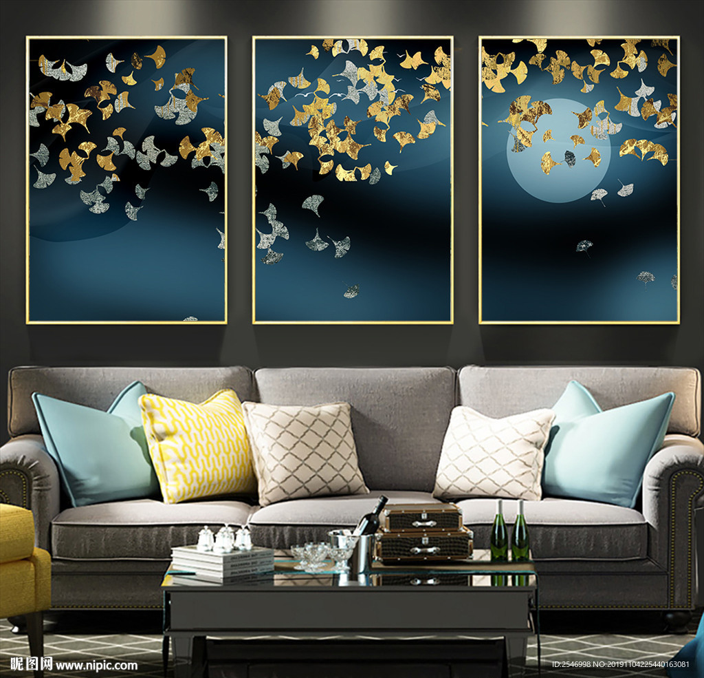 金箔银杏叶子三联装饰画