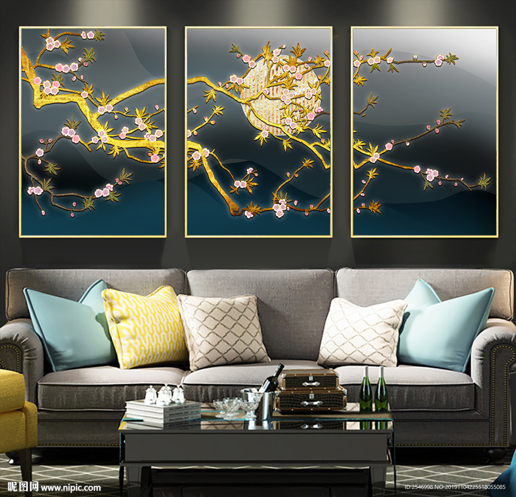 工笔花三联装饰画