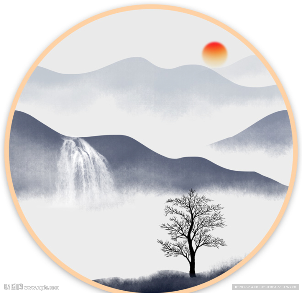 圆形水墨山水画