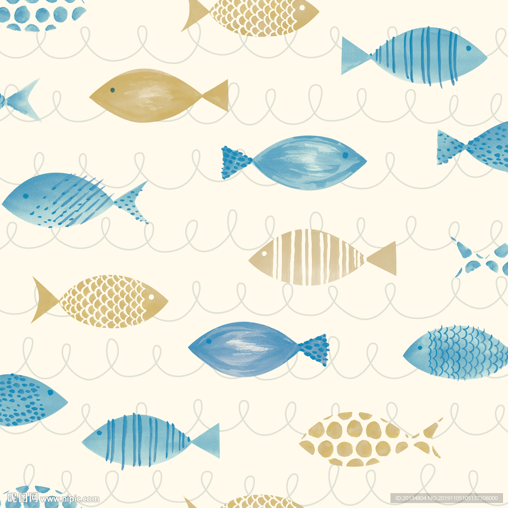 手绘卡通鱼儿童房背景墙