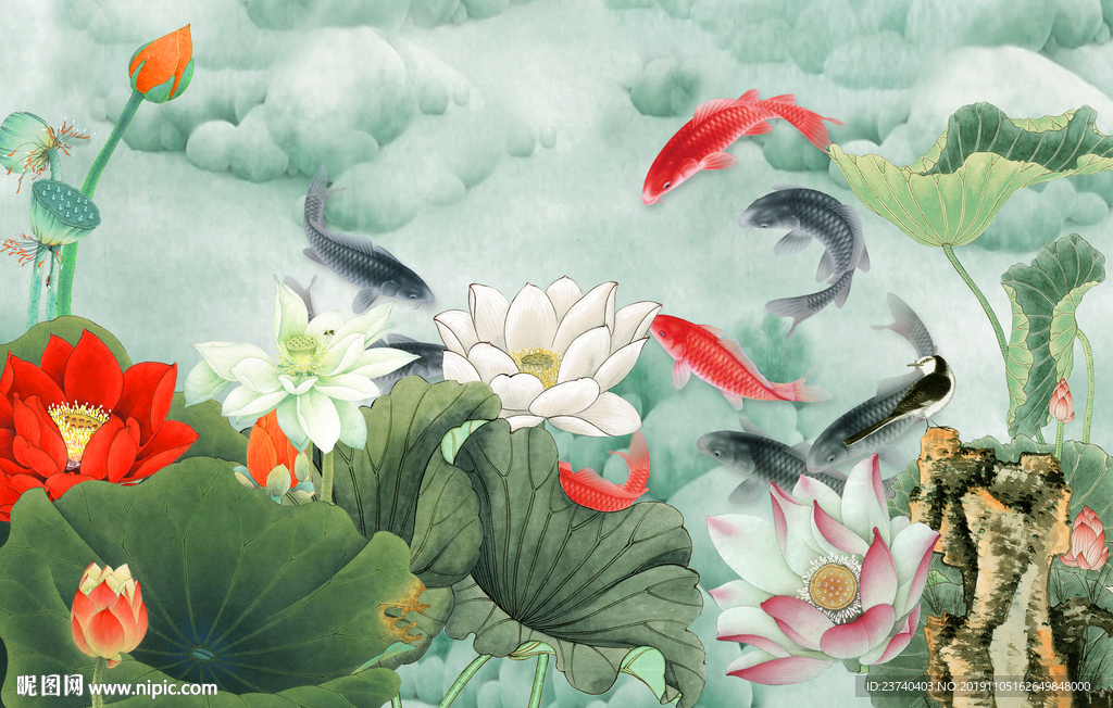 电视背景墙荷花