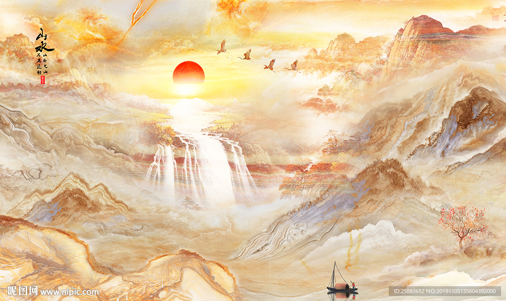 江山如画大理石电视背景墙