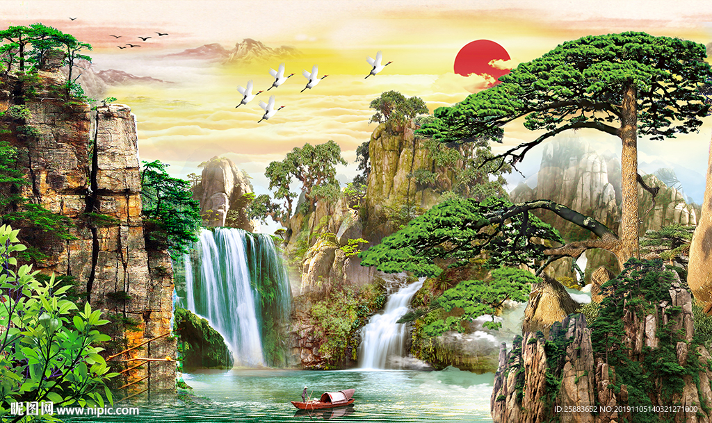 迎客松山水瀑布电视背景墙