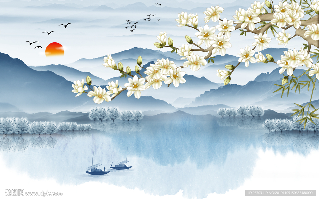 新款中式玉兰山水电视背景墙