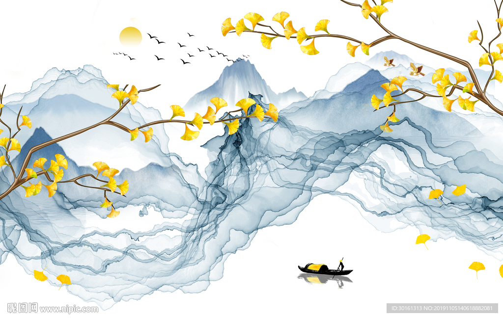 手绘花鸟山水背景墙