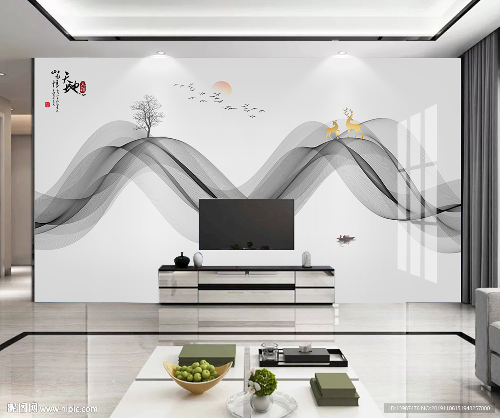 新中式抽象线条山水电视背景墙