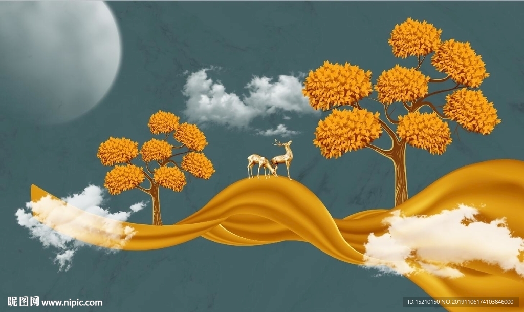 金色丝绸发财树电视背景墙