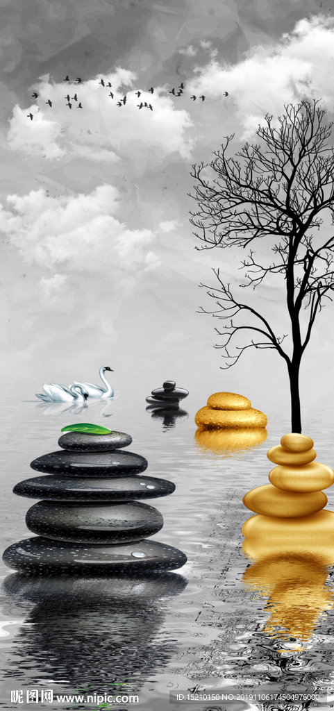 抽象树鹅卵石玄关背景墙