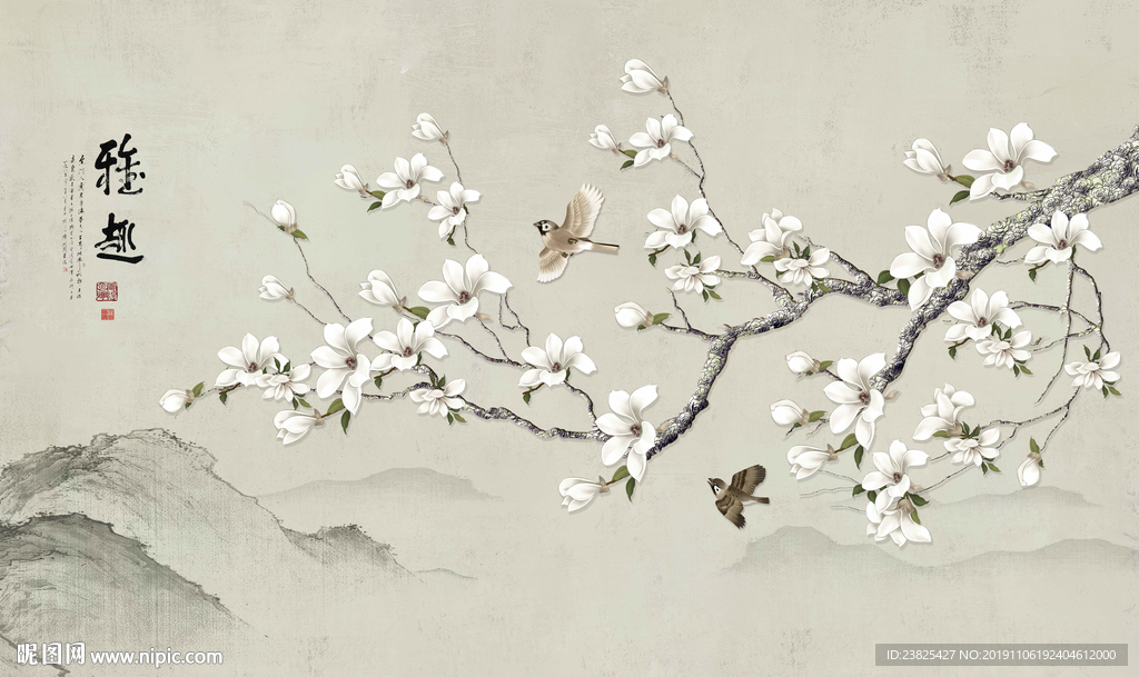 新中式手绘玉兰花鸟山水电视背景