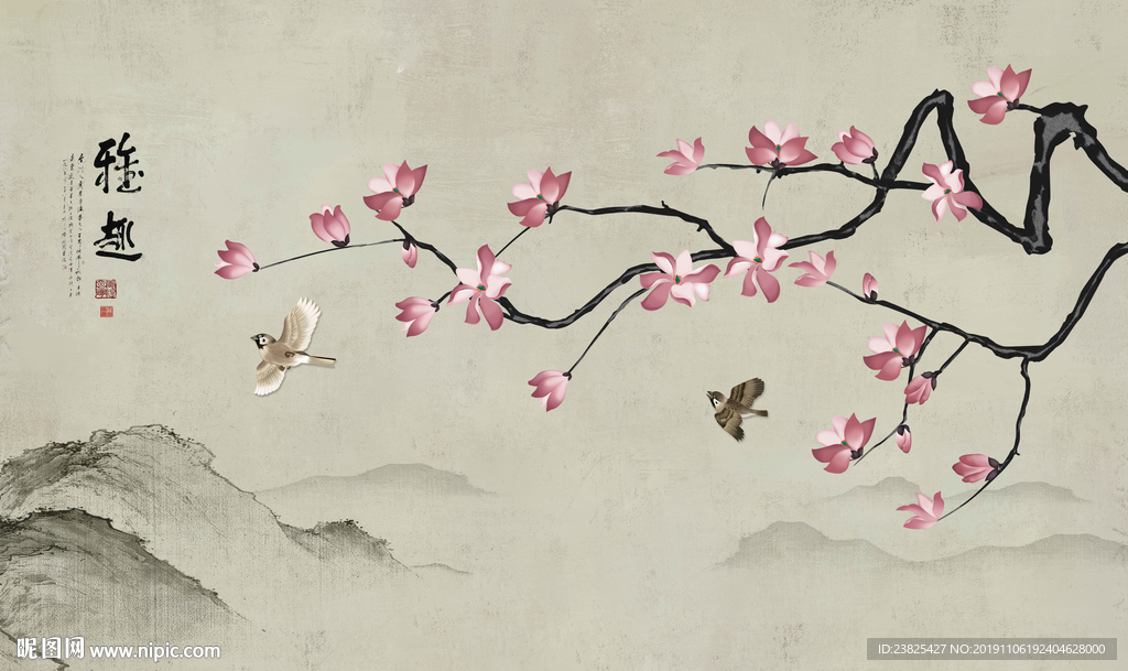 新中式手绘玉兰花鸟电视背景墙